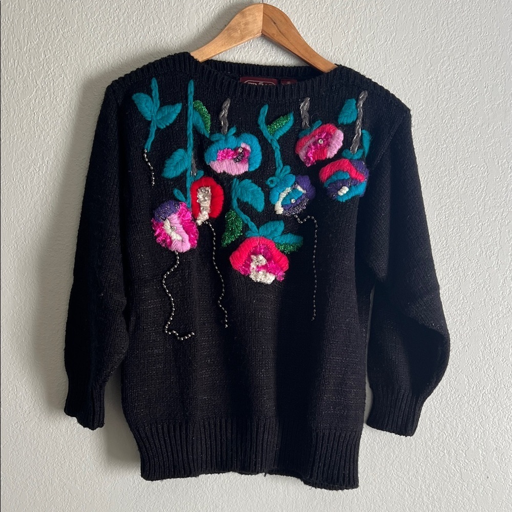 Vintage Black Sweater with Colorful Floral Design